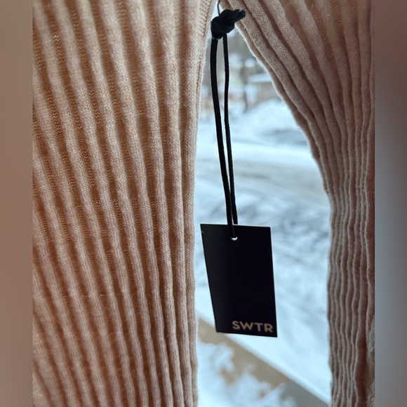 🆕 SWTR Ribbed Knit Long Cardigan Dress Beige Blue Trim Button Front Size M NWT - Picture 14 of 16